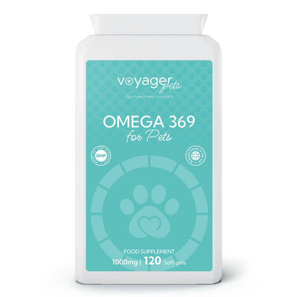 Voyager Omega 369 for Pets supplement bottle on a white background