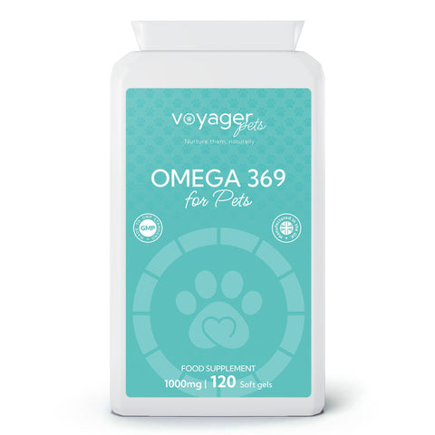 Voyager Omega 369 for Pets supplement bottle on a white background