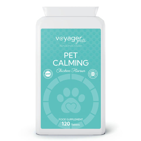 Voyager Pets Pet Calming supplement packaging on a white background