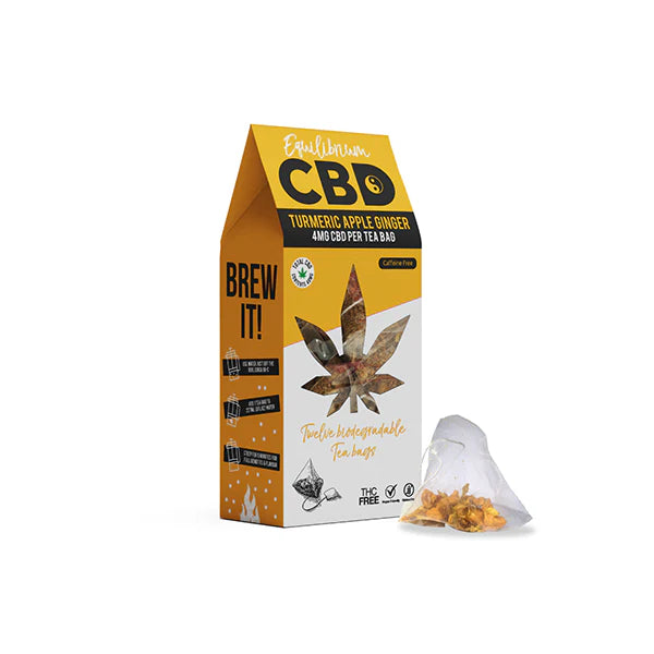 Equilibrium CBD 48mg Full Spectrum Turmeric & Ginger Tea Bags Box of 12 (Buy 1 Get 1 Free)