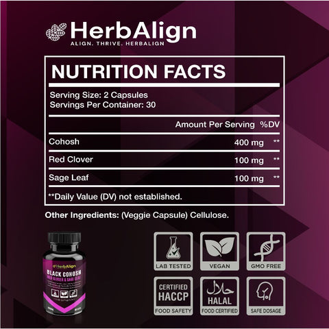 Herbalign Black Cohosh Menopause Relief Capsules with Sage Leaf & Red Clover – Natural Support for Hot Flushes, Night Sweats & Hormonal Balance