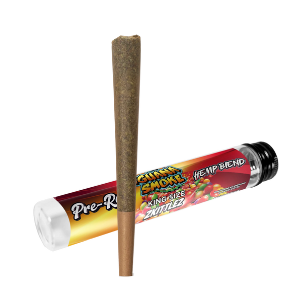 A pre-rolled joint stands upright next to a clear plastic tube of Pre-R rolled joints. The joint is filled with brown hemp leaf, and the tube features a colorful label with the brand name 'ZK11LEZ' and product name 'Citrus Smoke Hemp Blend'.