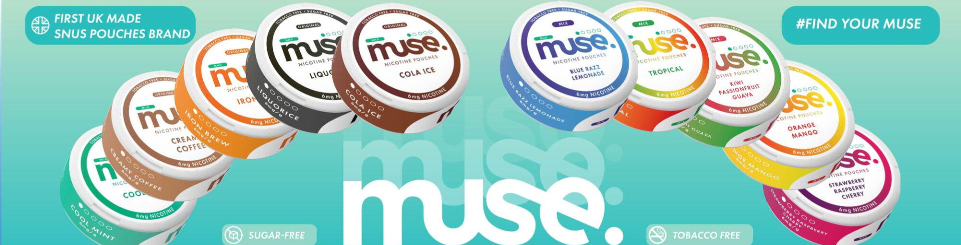 Muse snus pouches displayed in a curved arrangement with 'muse' branding.