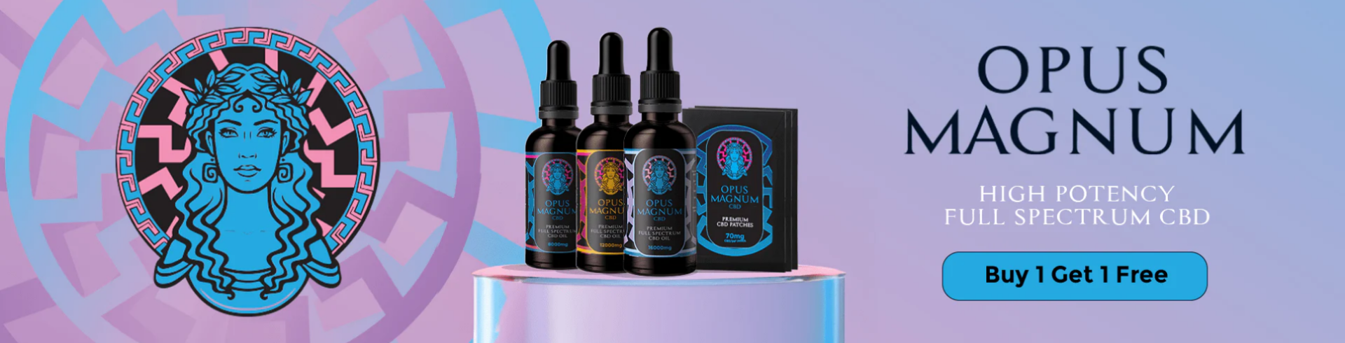 Opus Magnum CBD products with a stylized logo on a purple background