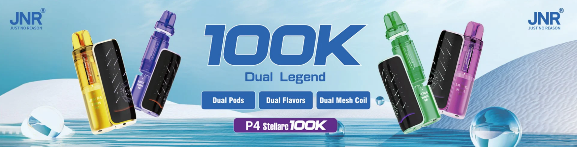 Promotional banner for JNR 100K Dual Legend vape devices with product images and branding.