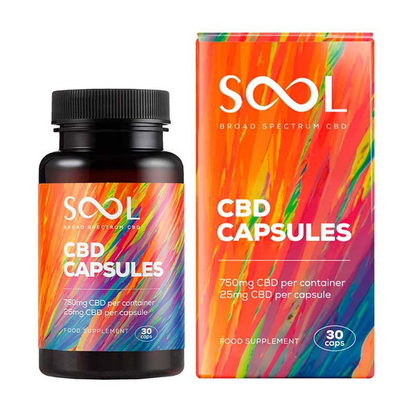 Sool CBD capsules bottle and packaging on a white background