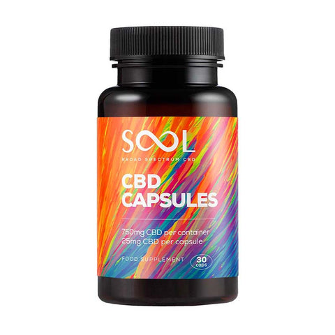 Bottle of SOOL CBD Capsules with colorful label on a white background