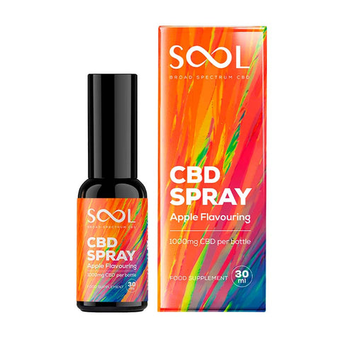 CBD spray bottle and packaging with 'SooL' branding on a white background