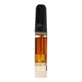 A single vape pen cartridge with amber-colored liquid inside a clear glass body, featuring a black mouthpiece and a translucent white base, shown against a plain white background.