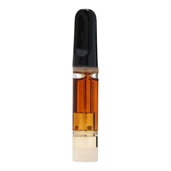 A single vape pen cartridge with amber-colored liquid inside a clear glass body, featuring a black mouthpiece and a translucent white base, shown against a plain white background.